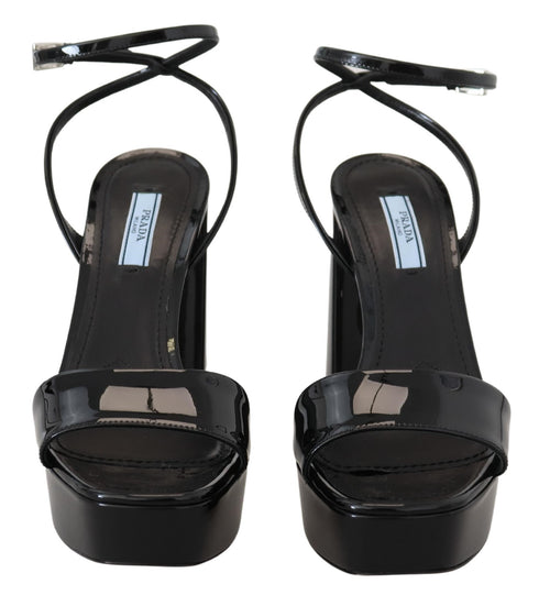 Prada Black Patent Sandals Ankle Strap Heels Leather